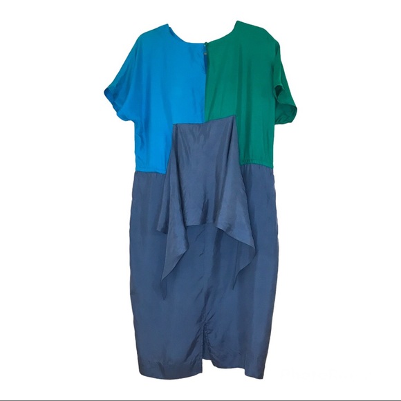 Vintage 1990s Diane Gilman blue and green 100% silk wrap belted midi dress 6 VTG - Picture 2 of 6